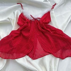 Red babydoll with white dots and white fur size medium